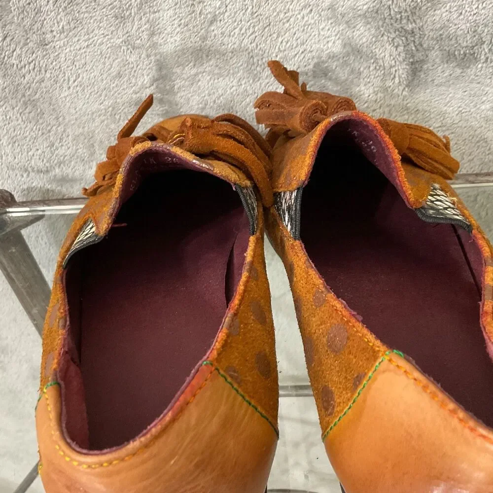 SPRING STEP L'ARTISTE KLASIK Leather Dot Tassel Flats Loafers 36/ US 5.5 brown*